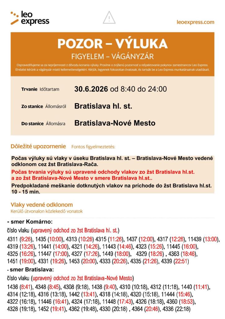 Oznam o výluke 30.6.2026
