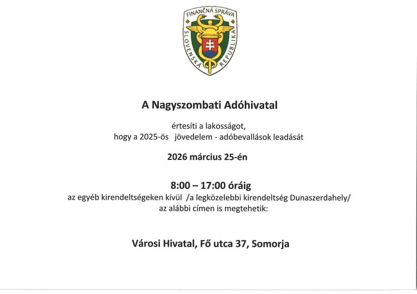 Zabezpečenie preberania daňových priznaní k&nbsp;dani z&nbsp;príjmov dňa 25.3.2026 v&nbsp;Šamoríne